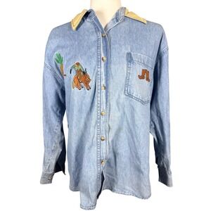 Vision I Vintage Western Denim Shirt Embroidered Cowboy Light Wash Blue Medium